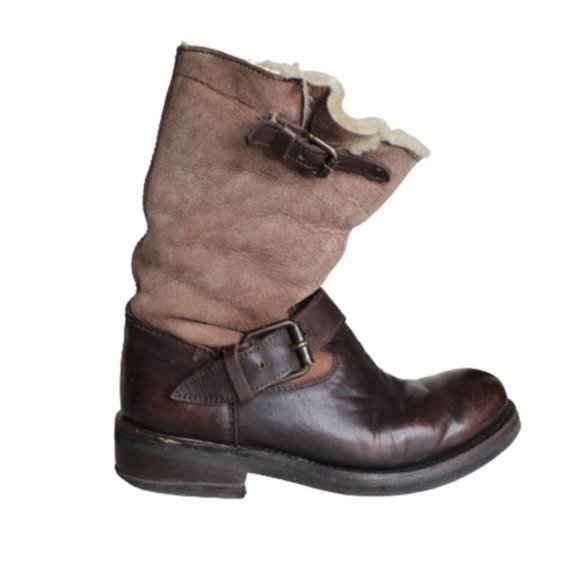 Ash Shoes - ASH Brown Shearling Leather Suede Moto Biker Boots Mid-calf Round Toe Low Heel